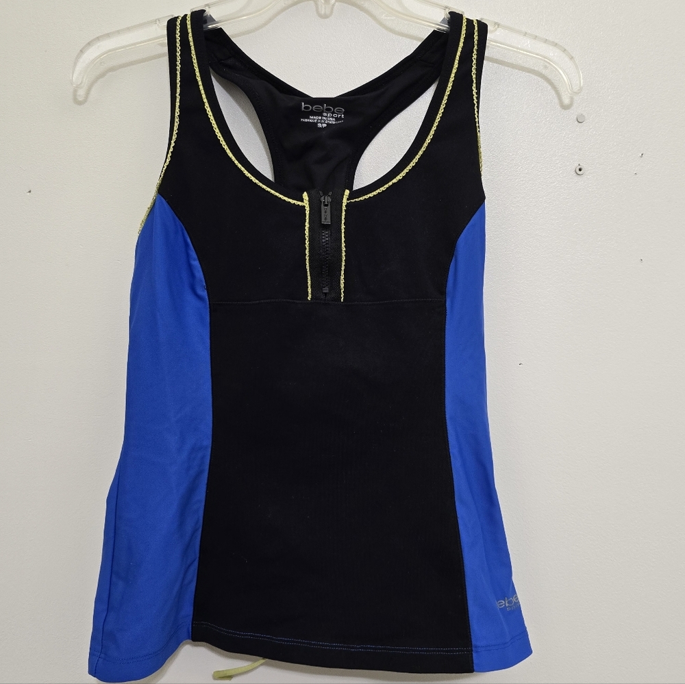 BEBE SPORT size Small‎ Zip Drawstring Ruching Activewear Tank Black Blue